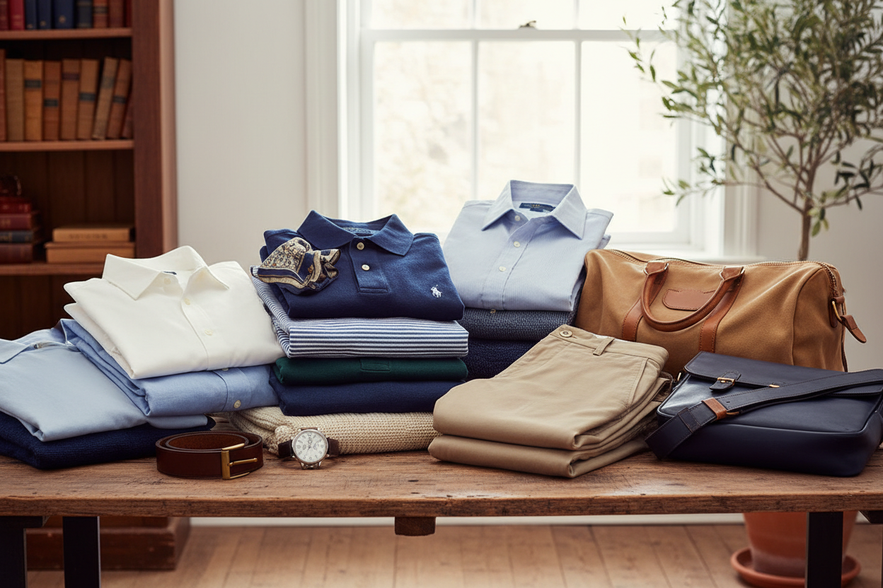 quiero una imagen en donde se vea ropa ralph lauren como camisas playeras pantalones sueteres que haya accesorios que se vea natural 